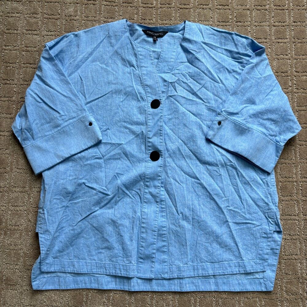Ming Wang Linen Cotton Blouse Womens M Blue Two Button Lightweight V Neck Casual